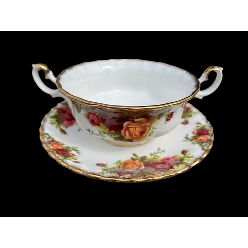 666 - 8 OLD COUNTRY ROSE DOUBLE HANDLED SOUP/DESSERT DISH ON 8 SAUCERS BY ROYAL ALBERT