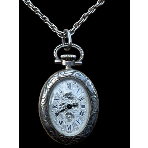 480 - ORNATE SILVER ROTARY WATCH ON A LONG SILVER CHAIN