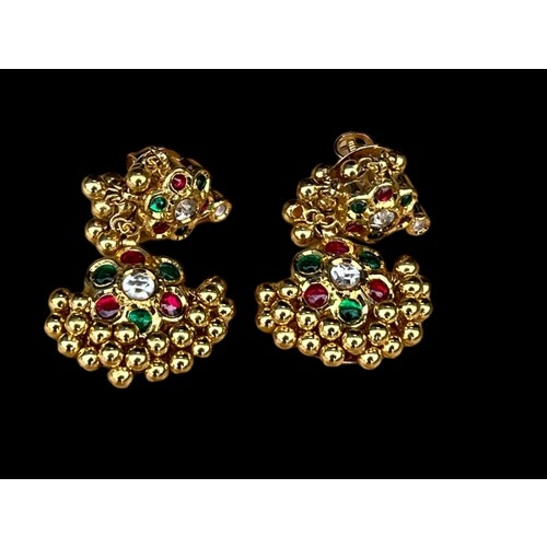 616 - 22ct GOLD FANCY DROP EARRINGS (DROP PART CAN BE REMOVED  AND WORN AS STUD ONLY) SET WITH CLESR ,GREE... 