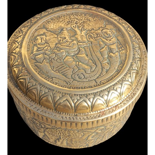 23 - A VINTAGE  EMBOSSED BRASS POT WITH INDIAN SCENES 7x4