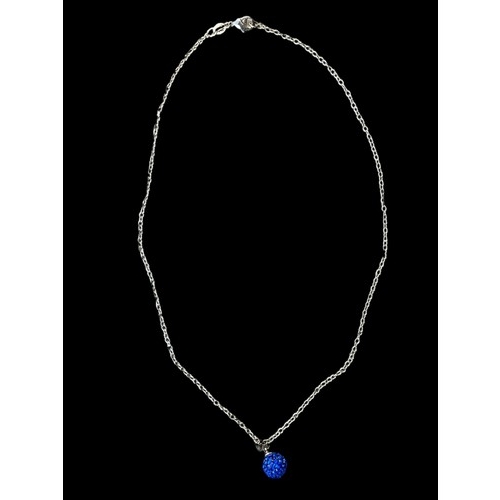 202 - A SILVER CRYSTAL BLUE BALL PENDANT ON A SILVER CHAIN