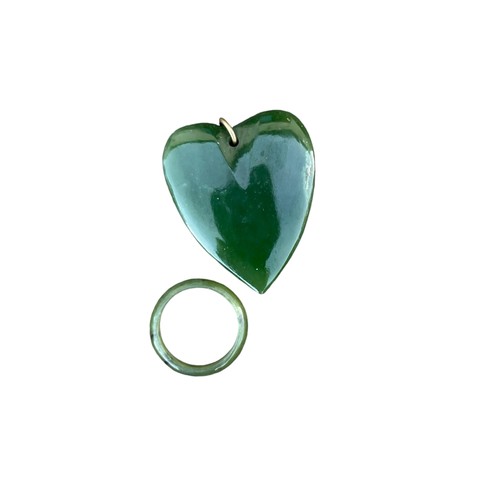 218 - A JADE HEART PENDANT AND JADE HEART RING