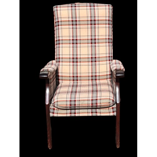 58 - A TARTAN PATTERNED MAHOGANY FRAMED ARMCHAIR