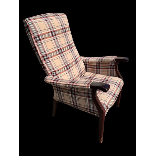 58 - A TARTAN PATTERNED MAHOGANY FRAMED ARMCHAIR