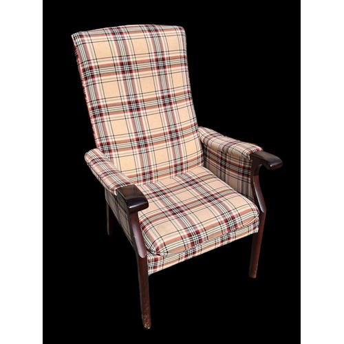 58 - A TARTAN PATTERNED MAHOGANY FRAMED ARMCHAIR