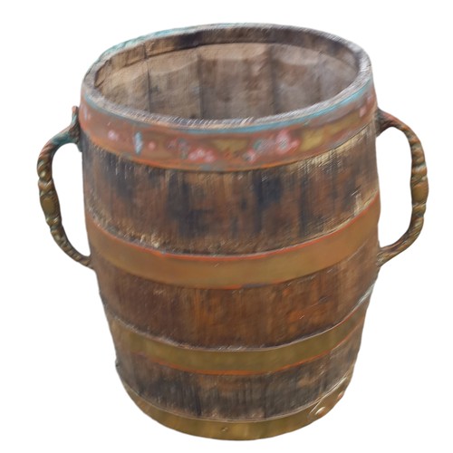 281 - A SMALL WOODEN KEG WITH 2 BRASS HANDLES