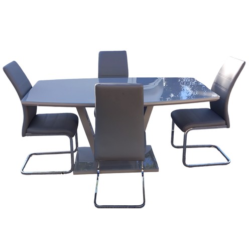 283 - A GLASS TOPPED GREY DINING TABLE AND 4 GREY LEATHER CHAIRS