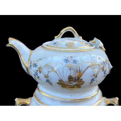 297 - A HAND PAINTED GILDED BACHELORS  TEAPOT ON BASE