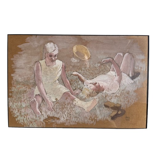 301 - 2 YOUNG WOMEN SUNBATHING IN MEADOW A CHALK/PASTEL SIGNED AND DATED 1939 IRIS BROOKE (1905-1981) 20x1... 