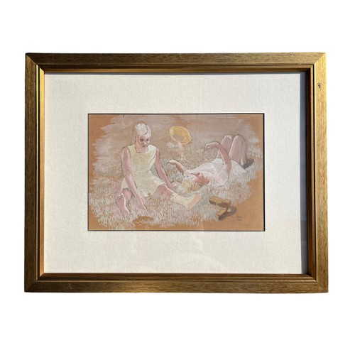 301 - 2 YOUNG WOMEN SUNBATHING IN MEADOW A CHALK/PASTEL SIGNED AND DATED 1939 IRIS BROOKE (1905-1981) 20x1... 