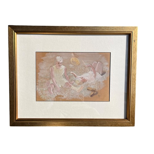 301 - 2 YOUNG WOMEN SUNBATHING IN MEADOW A CHALK/PASTEL SIGNED AND DATED 1939 IRIS BROOKE (1905-1981) 20x1... 