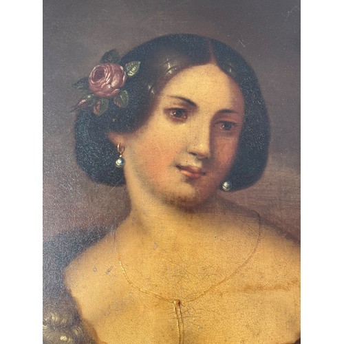 310 - AN 18c PORTRAIT OF A LADY IN OILS ON  METAL 22X18.5