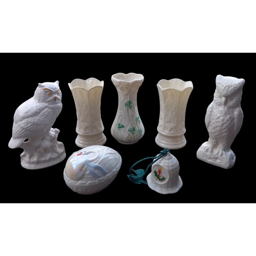 323 - BELLEEK OWL ,EGG TRINKET DISH ,BELLEEK VASES ETC