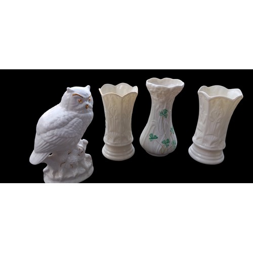 323 - BELLEEK OWL ,EGG TRINKET DISH ,BELLEEK VASES ETC