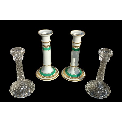 330 - A PAIR OF PORCELAIN CANDLESTICK AND A PAIR OF GLASS CANDLESTICK