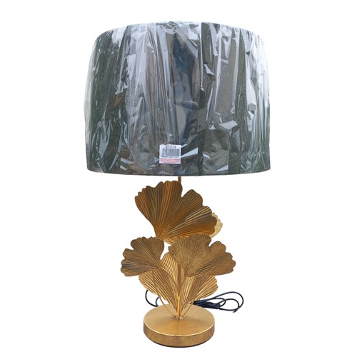 359 - A LILLY PAD STYLE TABLE LAMP IN A GILT FINISHED WITH A NEW GREEN SHADE