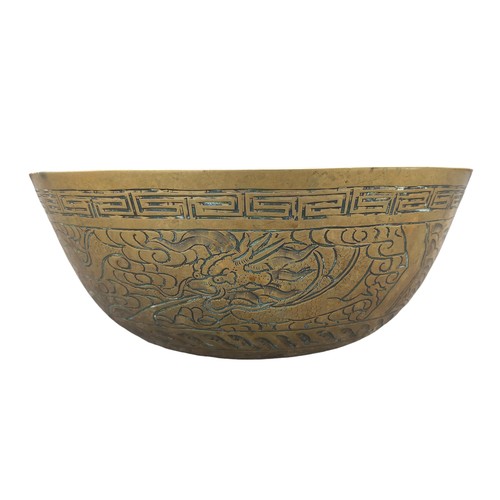 383 - A VERY HEAVY CHINESE BRASS BOWL WELL MARKED