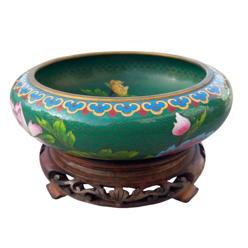 394 - A CLOISONNE BOWL ON HARDWOOD STAND