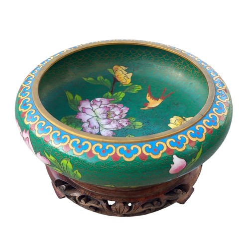 394 - A CLOISONNE BOWL ON HARDWOOD STAND