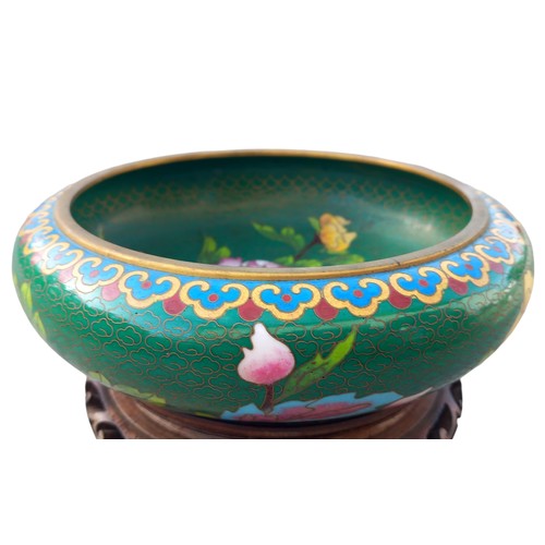 394 - A CLOISONNE BOWL ON HARDWOOD STAND