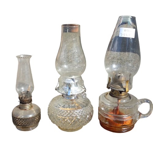 449 - A FINGER LAMP & 2 OTHER OIL LAMPS