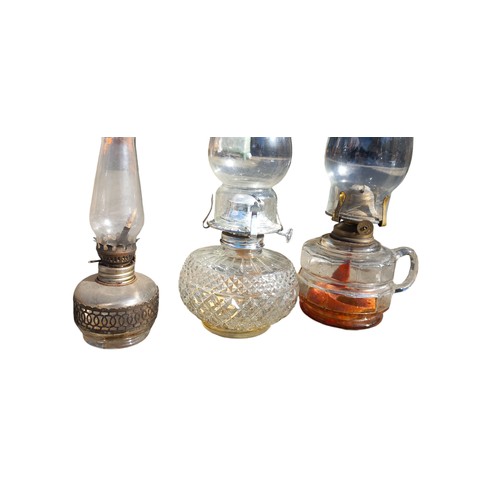 449 - A FINGER LAMP & 2 OTHER OIL LAMPS