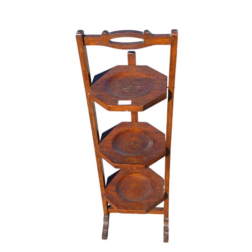 458 - A 3 TIER SOLID OAK VINTAGE FOLDING CAKE STAND