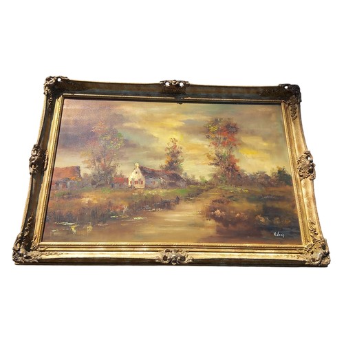 477 - A LARGE OIL ON CANVAS SIGNED V.VEEN IN MOLDED GILT FRAME