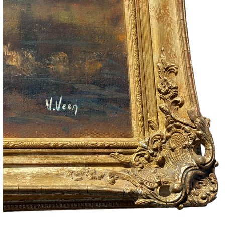 477 - A LARGE OIL ON CANVAS SIGNED V.VEEN IN MOLDED GILT FRAME