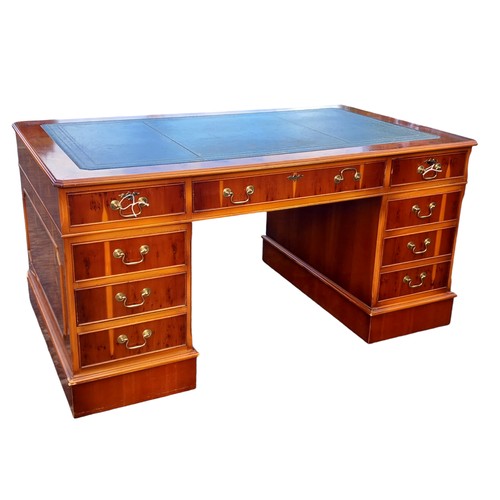 478 - QUALITY BURR WALNUT WRITING DESK WITH LEATHER TOP (SLIGHTLY CHEWED TO ONE PEDESTAL AT THE BACK)