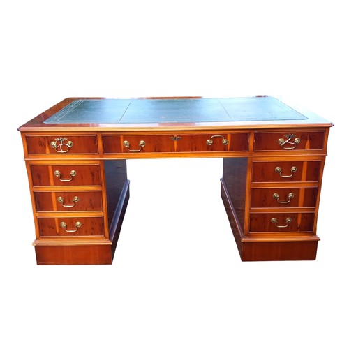 478 - QUALITY BURR WALNUT WRITING DESK WITH LEATHER TOP (SLIGHTLY CHEWED TO ONE PEDESTAL AT THE BACK)