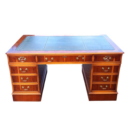 478 - QUALITY BURR WALNUT WRITING DESK WITH LEATHER TOP (SLIGHTLY CHEWED TO ONE PEDESTAL AT THE BACK)