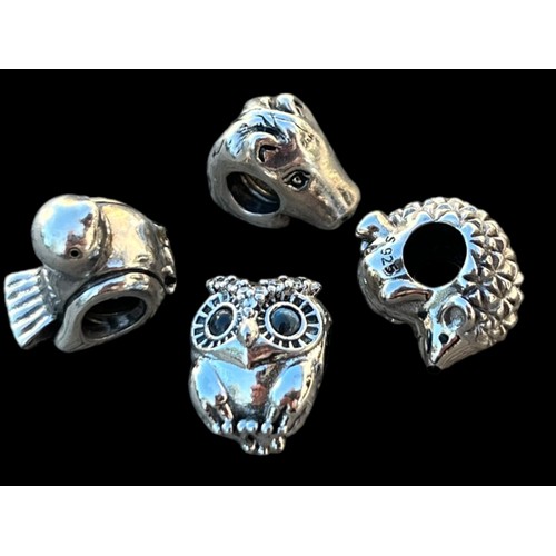 490 - 4 GENUINE PANDORA SILVER CHARMS HORSE,HEDGEHOG,DUCK AND OWL