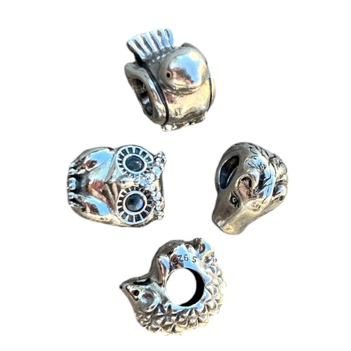 490 - 4 GENUINE PANDORA SILVER CHARMS HORSE,HEDGEHOG,DUCK AND OWL