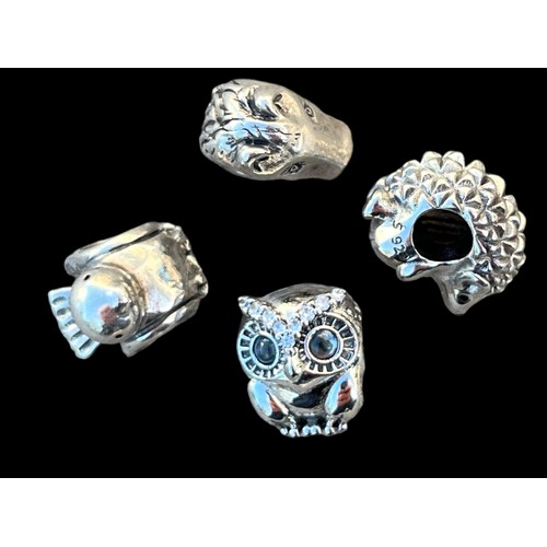 490 - 4 GENUINE PANDORA SILVER CHARMS HORSE,HEDGEHOG,DUCK AND OWL