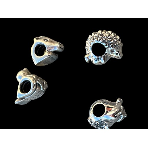 490 - 4 GENUINE PANDORA SILVER CHARMS HORSE,HEDGEHOG,DUCK AND OWL