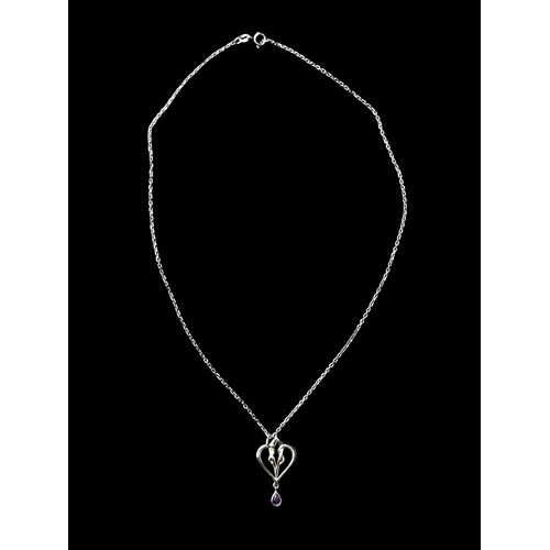 526 - SILVER DROP AMETHYST PENDANT ON SILVER CHAIN IN ART NOUVEAU STYLE