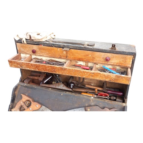 102 - A JOINERS 2 DRAWER TOOLBOX AND TOOLS SAWS WOODPLANE DRILL BITS ETC