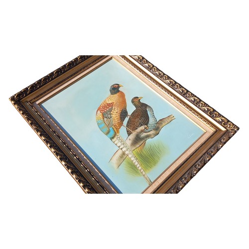 27 - A LARGE PAINTING TWO PHEASANTS IN GILT FRAME 25x31