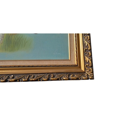 27 - A LARGE PAINTING TWO PHEASANTS IN GILT FRAME 25x31