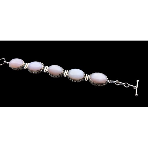 227 - A SILVER & ROSE QUARTZ 5 PANEL BRACELET