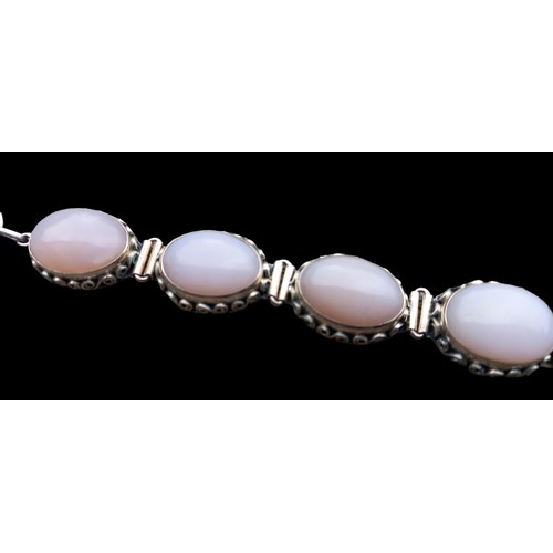 227 - A SILVER & ROSE QUARTZ 5 PANEL BRACELET