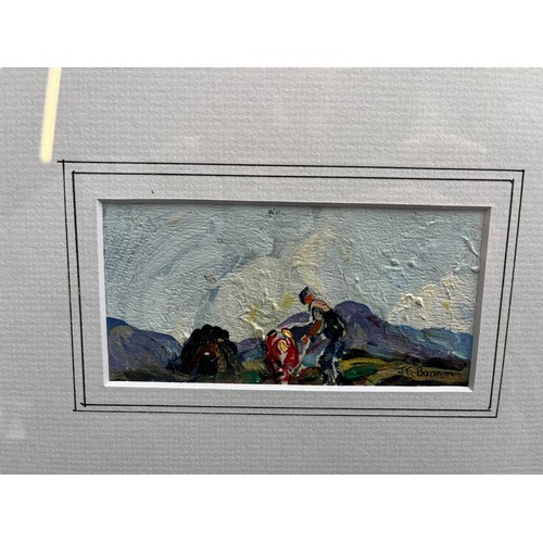 97 - AN OIL ON BOARD GATHERING TURF BY J.T.BANNON TRIPLE MOUNT PAINTING SIZE 6X3