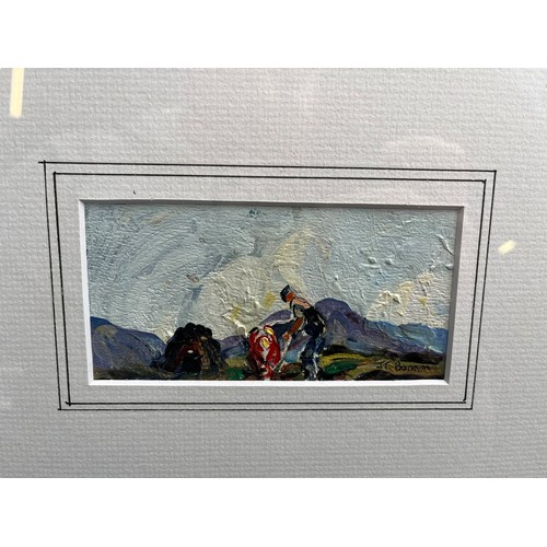 97 - AN OIL ON BOARD GATHERING TURF BY J.T.BANNON TRIPLE MOUNT PAINTING SIZE 6X3