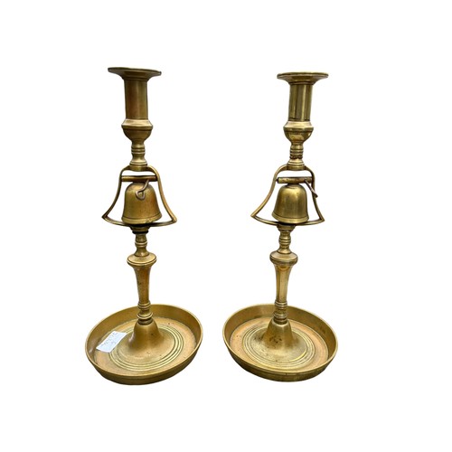 136 - A PAIR OF VICTORIAN BRASS TAVERN SERVICE BELL CANDLESTICKS