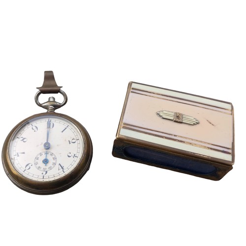 193 - A PLATED POCKET WATCH  & ENAMEL MATCH BOX COVER