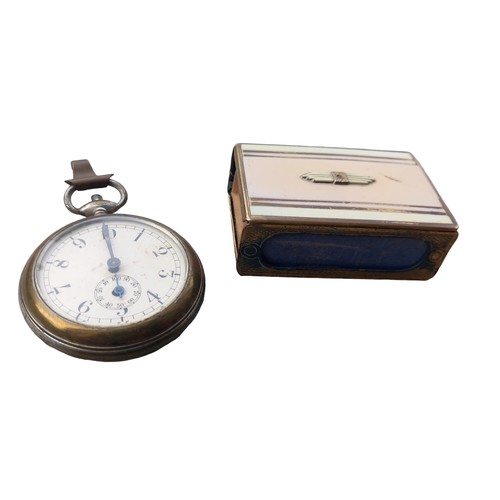 193 - A PLATED POCKET WATCH  & ENAMEL MATCH BOX COVER