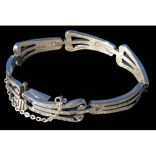 164 - FANCY 6 PANEL SILVER BRACELET WITH SAFETY CHAIN 38.4gms