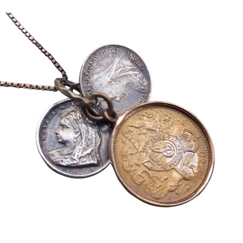 191 - ASSORTED COINS ON SILVER CHAIN SMALLEST DATES TO 1887