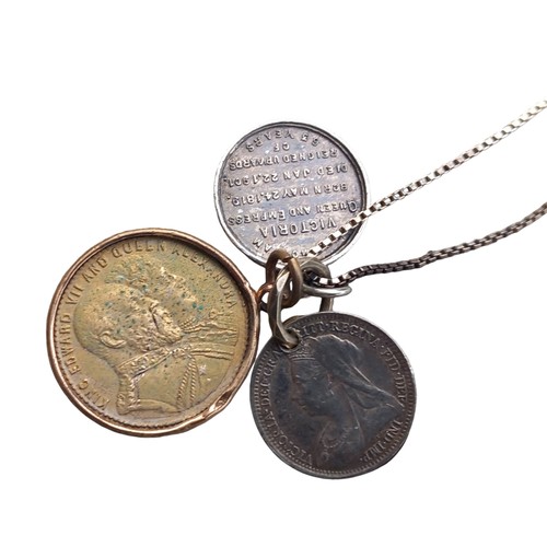 191 - ASSORTED COINS ON SILVER CHAIN SMALLEST DATES TO 1887